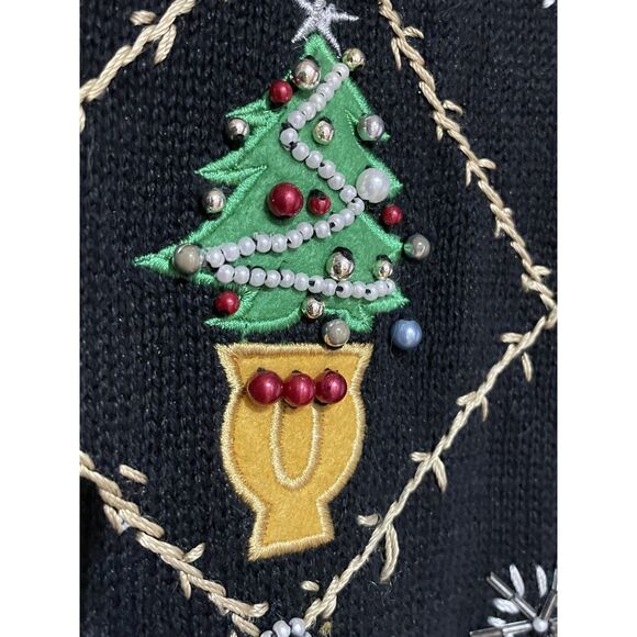 OHI Vintage Black Christmas Holiday Knit Cardigan Sweater Embroidered Beaded - Picture 12 of 13
